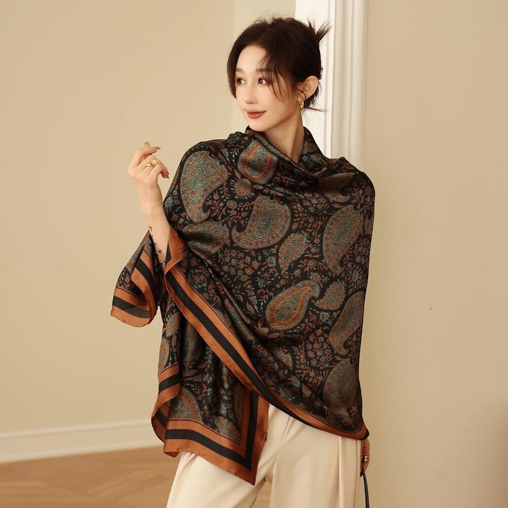 Women Brown -Fashion Flowers Print Scarves Winter Head Shawl Cotton Wrap - Picture 5 of 5
